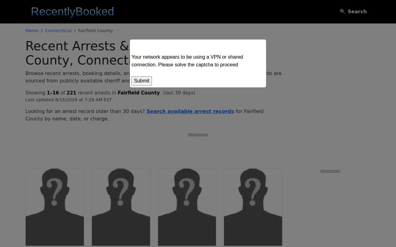 Unofficial Fairfield booking page with Stratford area mugshot coverage disclaimer