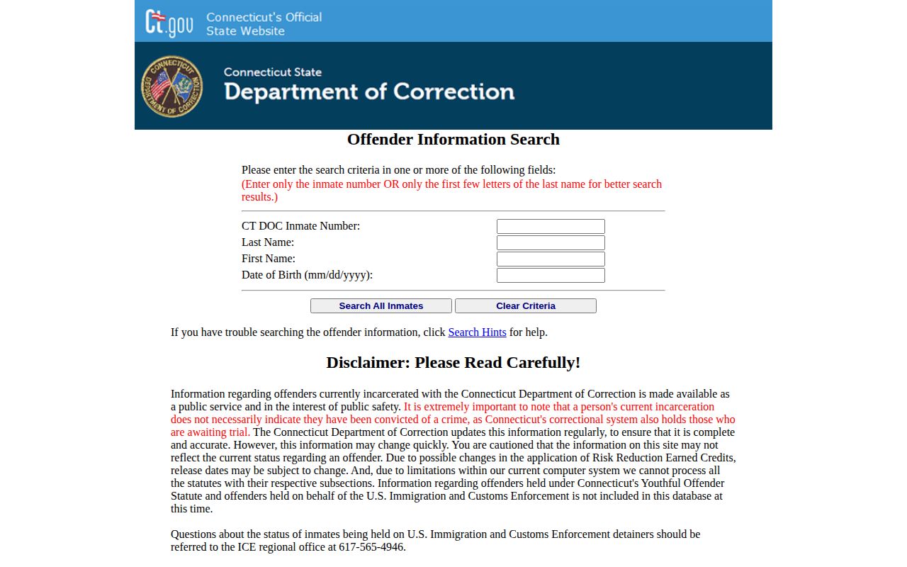 Connecticut DOC offender search for Stratford County custody and photo records