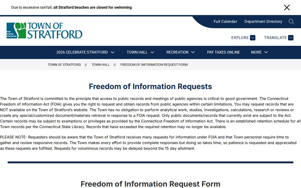 Stratford County arrest record Freedom of Information request page